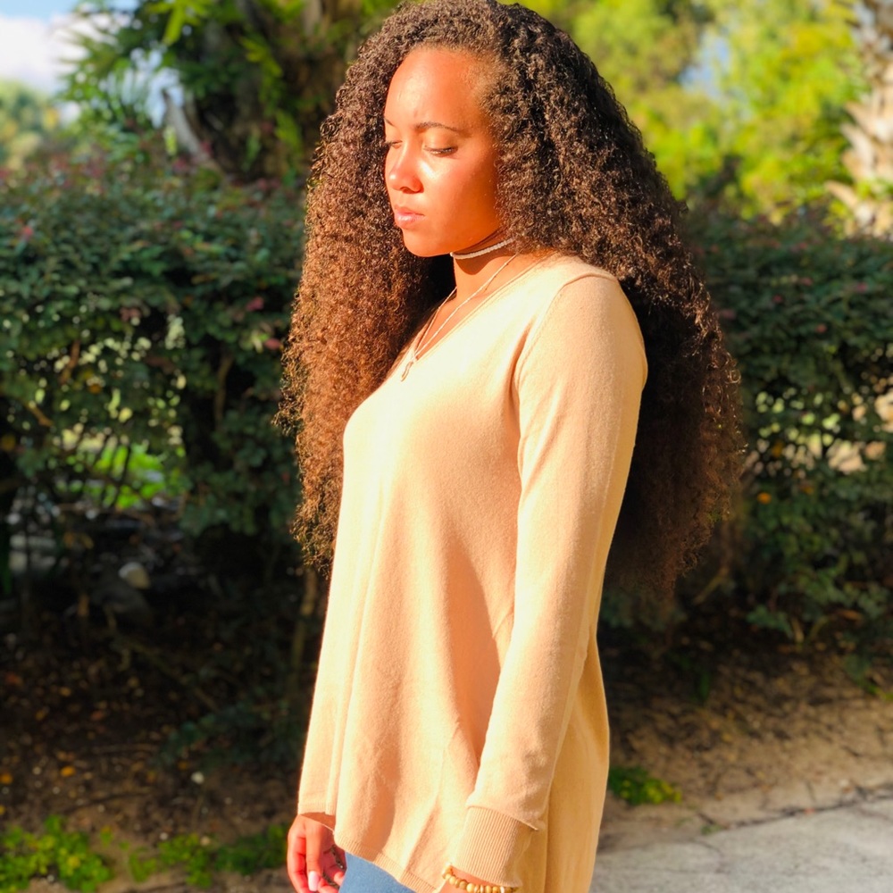 Sand taupe knit v-neck long sleeve loose fit top